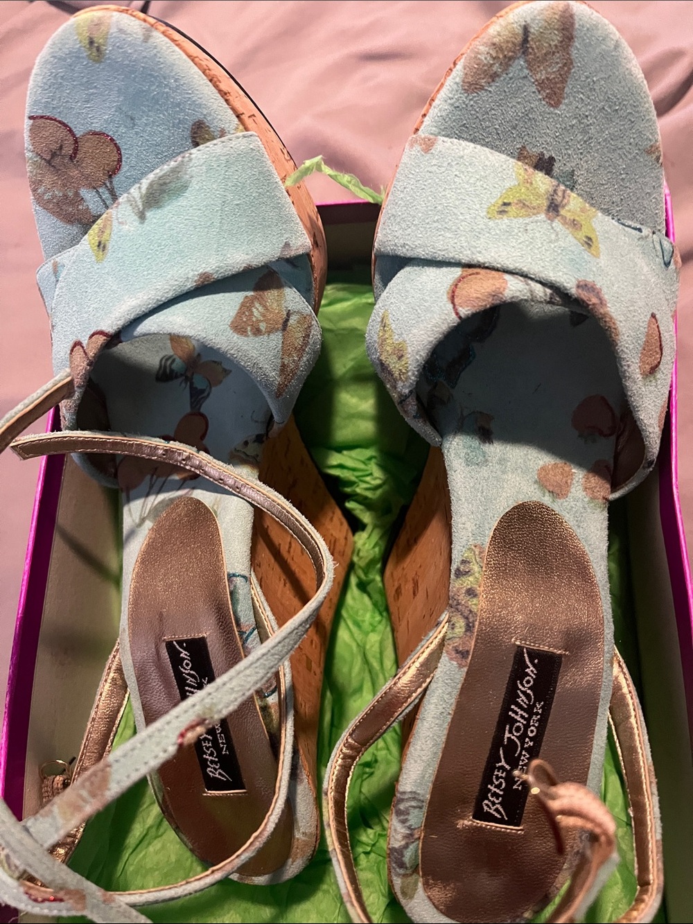 Betsey Johnson Mint Floral Suede Cork Wedge Sandals